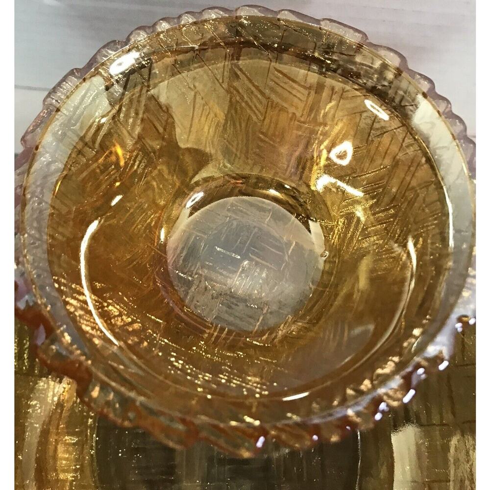 Carnival Glass Iridescent Dip Set Ruffled Edges Basket, Weave Design Vintage - Picture 4 of 8